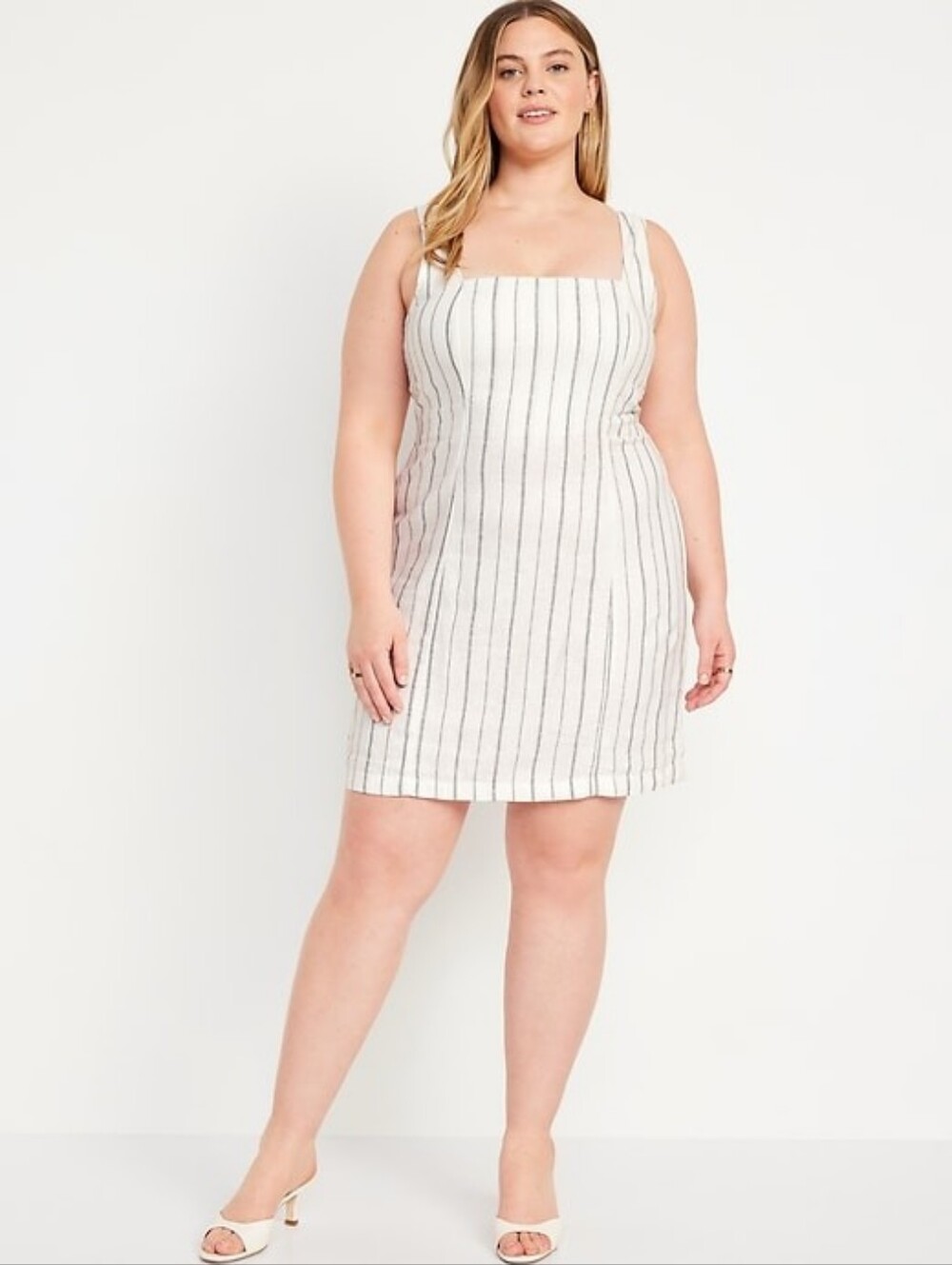 Old Navy Square Neck Linen Blend Mini Dress Neutral Stripes NEW